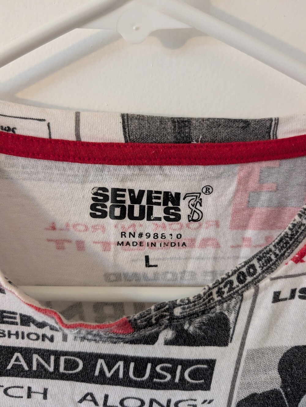 Seven Souls Graphic Tee in White with Black & Red Print Size L